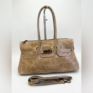 Made in Italy Light beige Croc-Embossed Leather Tote Bag with Top Handles